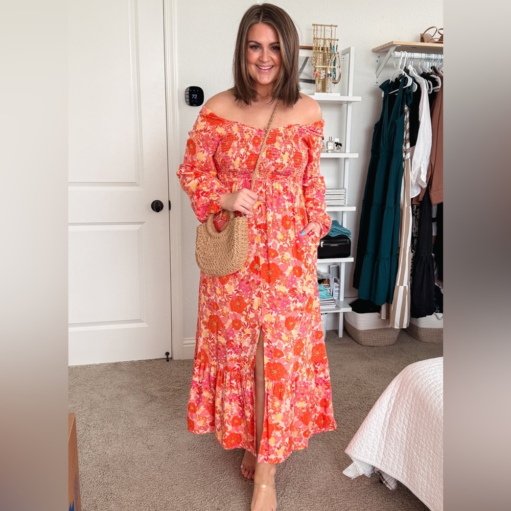 Floral Off-Shoulder Dress - Orange